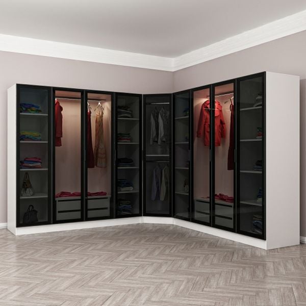 Kale 9 Füme Cam Kapaklı 4Ç Köşe Dolap Beyaz Füme Cam