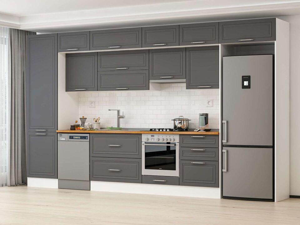 Alvinka 400X240 Cm Klasik Mebran Mutfak Dolabı Mbb-E80B60S60-1 Mebran | Antrasit - Mdf