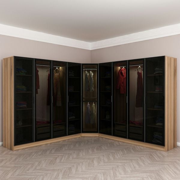 Kale 9 Füme Cam Kapaklı 4Ç Köşe Dolap Dore Füme Cam