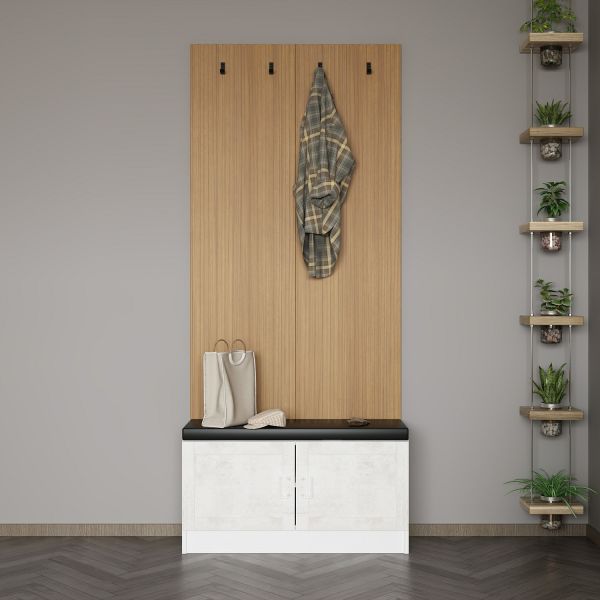 Minar Kale Dekor Panel Ayakkabılık Minderli Beyaz Eskitme Beyaz