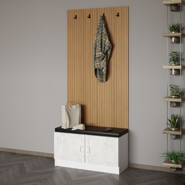 Minar Kale Dekor Panel Ayakkabılık Minderli Beyaz Eskitme Beyaz