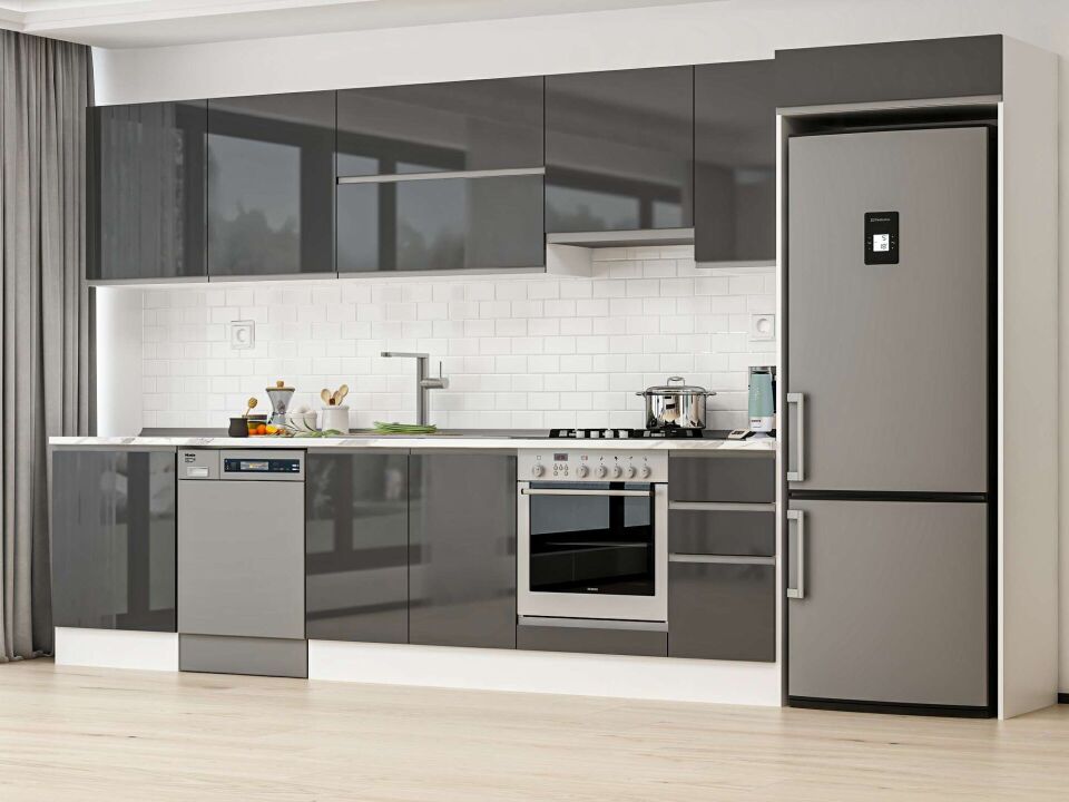 Alvinka 380X222 Cm High Gloss Mutfak Dolabı Mb-E80S60S40-1 High Gloss | Antrasit - Mdf