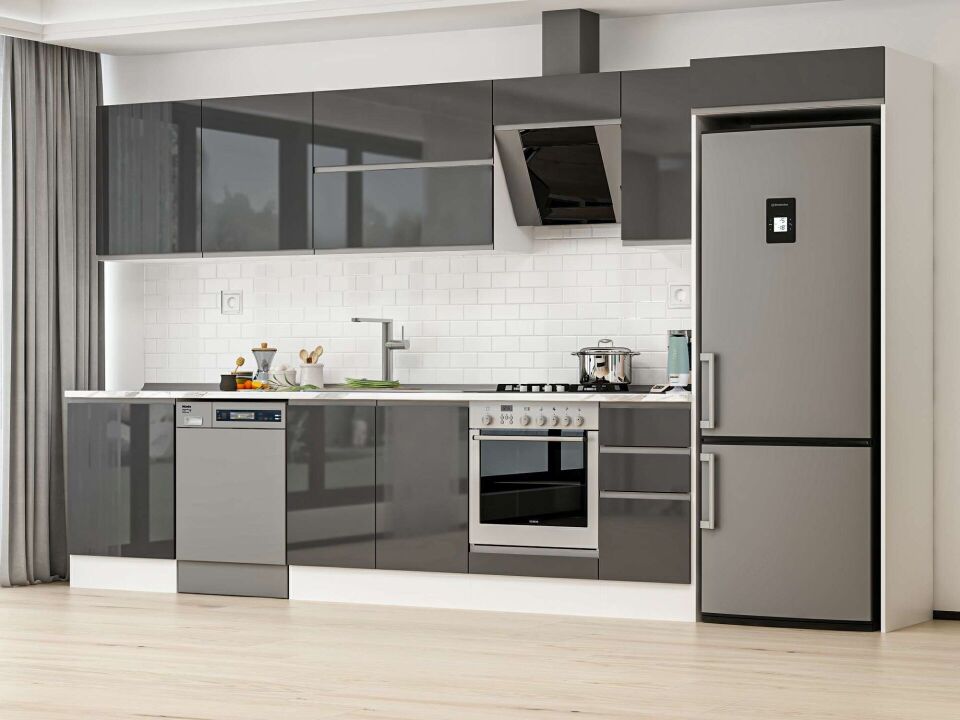 Alvinka 380X222 Cm High Gloss Mutfak Dolabı Mb-E80S60S40-2 High Gloss | Antrasit - Suntalam