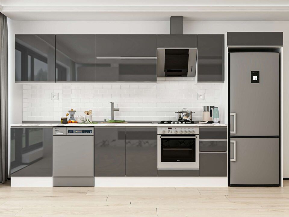 Alvinka 380X222 Cm High Gloss Mutfak Dolabı Mb-E80S60S40-2 High Gloss | Antrasit - Mdf