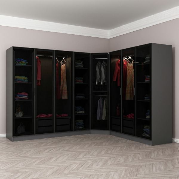 Kale 8 Füme Cam Kapaklı 4Ç Köşe Dolap Antrasit Füme Cam