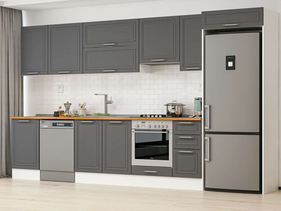 Alvinka 380X222 Cm Klasik Mebran Mutfak Dolabı Mb-E90S50S40-1 Mebran | Antrasit - Mdf