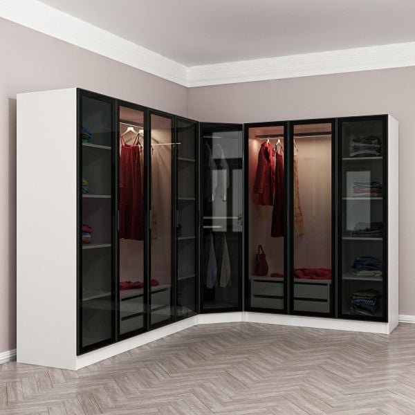 Kale 8 Füme Cam Kapaklı 4Ç Köşe Dolap Beyaz Füme Cam