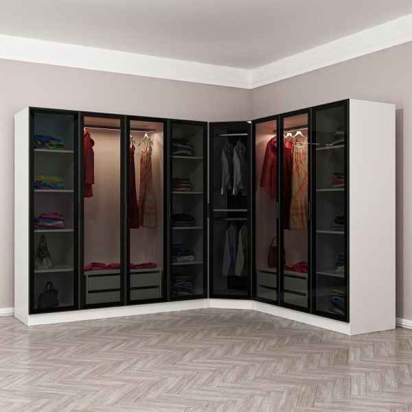 Kale 8 Füme Cam Kapaklı 4Ç Köşe Dolap Beyaz Füme Cam