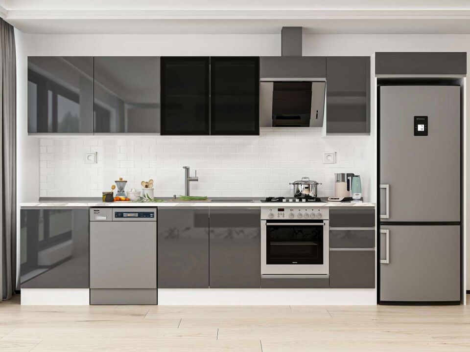 Alvinka 380X222 Cm High Gloss Mutfak Dolabı Mb-E80S60S40-3 High Gloss | Antrasit - Mdf
