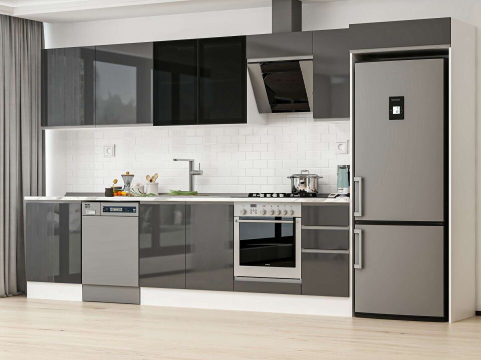 Alvinka 380X222 Cm High Gloss Mutfak Dolabı Mb-E80S60S40-3 High Gloss | Antrasit - Mdf