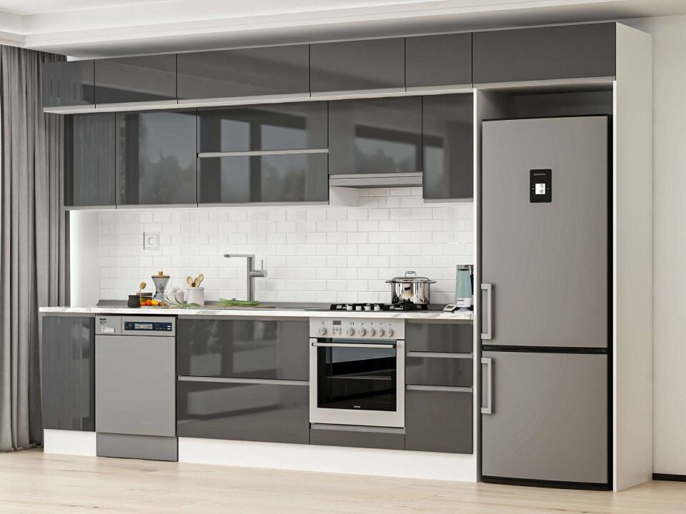 Alvinka 370X240 Cm High Gloss Mutfak Dolabı Mb-E90S40S40-1 High Gloss | Antrasit - Mdf