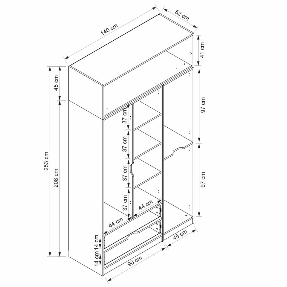 Elina 3 Kapaklı Dolap + Yüklük - Antrasit/Antrasit
