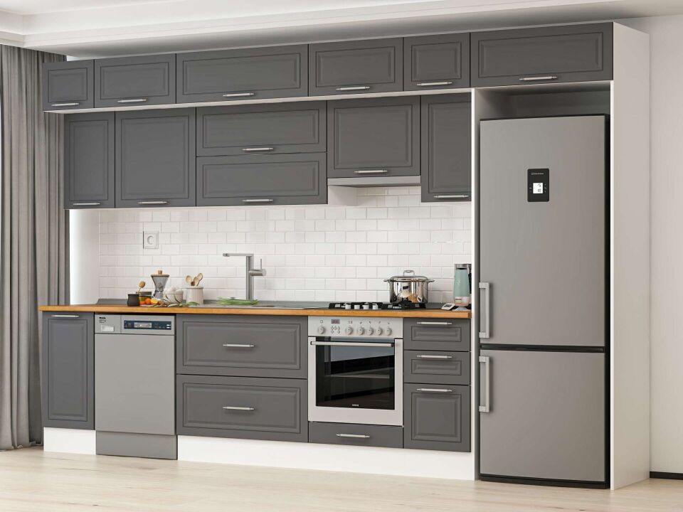 Alvinka 370X240 Cm Klasik Mebran Mutfak Dolabı Mb-E90S40S40-1 Mebran | Antrasit - Suntalam
