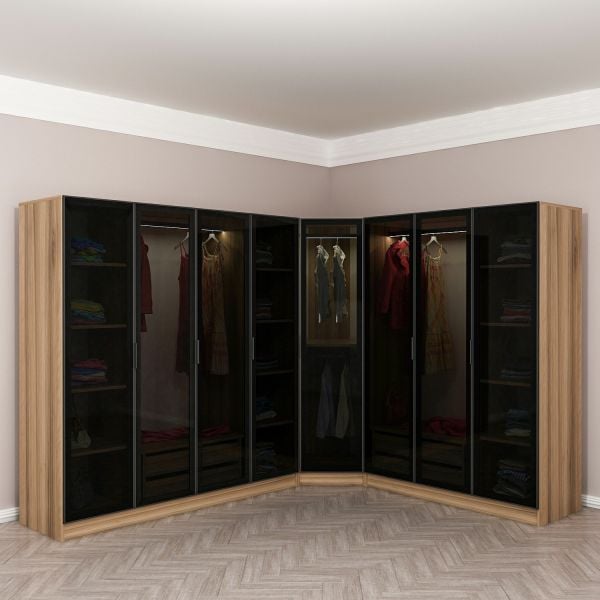 Kale 8 Füme Cam Kapaklı 4Ç Köşe Dolap Dore Füme Cam