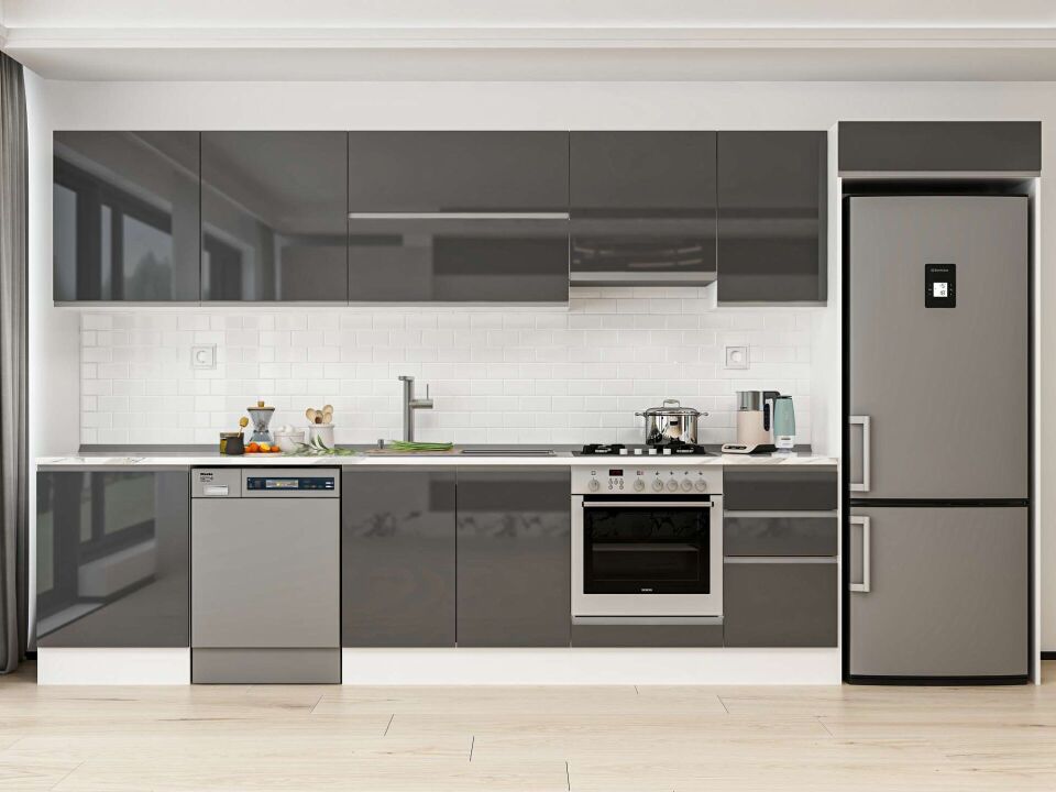Alvinka 385X222 Cm High Gloss Mutfak Dolabı Mb-E80S60S45-1 High Gloss | Antrasit - Mdf