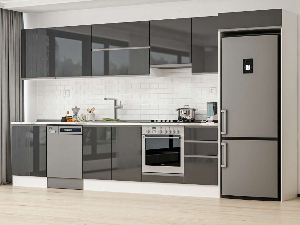 Alvinka 385X222 Cm High Gloss Mutfak Dolabı Mb-E80S60S45-1 High Gloss | Antrasit - Mdf