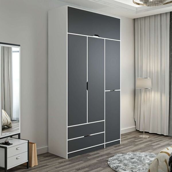 Elina 3 Kapaklı Dolap + Yüklük - Beyaz/Antrasit