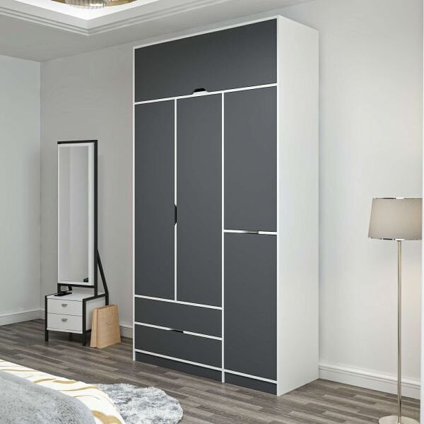 Elina 3 Kapaklı Dolap + Yüklük - Beyaz/Antrasit
