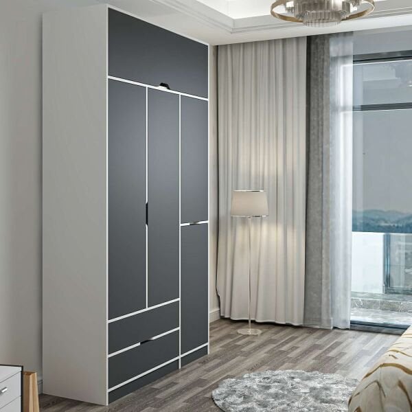 Elina 3 Kapaklı Dolap + Yüklük - Beyaz/Antrasit