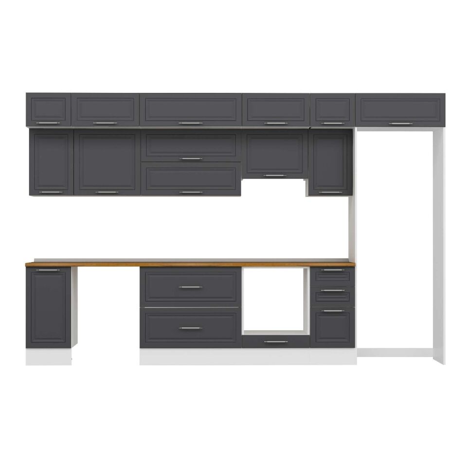 Alvinka 370X240 Cm Klasik Mebran Mutfak Dolabı Mb-E90S40S40-1 Mebran | Antrasit - Mdf