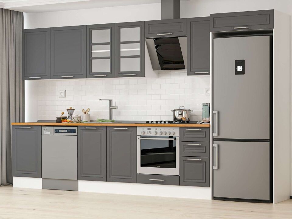 Alvinka 380X222 Cm Klasik Mebran Mutfak Dolabı Mb-E90S50S40-3 Mebran | Antrasit - Suntalam