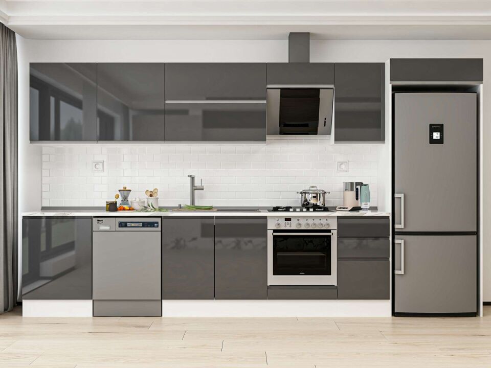 Alvinka 385X222 Cm High Gloss Mutfak Dolabı Mb-E80S60S45-2 High Gloss | Antrasit - Mdf
