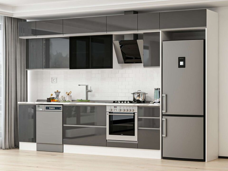 Alvinka 370X240 Cm High Gloss Mutfak Dolabı Mb-E90S40S40-3 High Gloss | Antrasit - Mdf