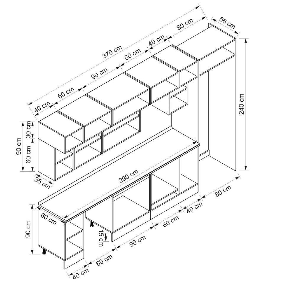 Alvinka 370X240 Cm High Gloss Mutfak Dolabı Mb-E90S40S40-3 High Gloss | Antrasit - Mdf
