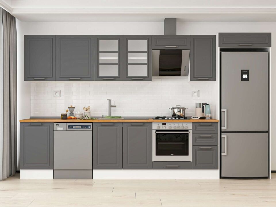 Alvinka 380X222 Cm Klasik Mebran Mutfak Dolabı Mb-E90S50S40-3 Mebran | Antrasit - Mdf