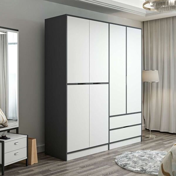 Elina 4 Kapaklı Dolap - Antrasit/Beyaz
