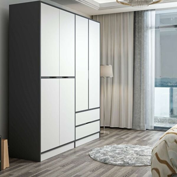Elina 4 Kapaklı Dolap - Antrasit/Beyaz