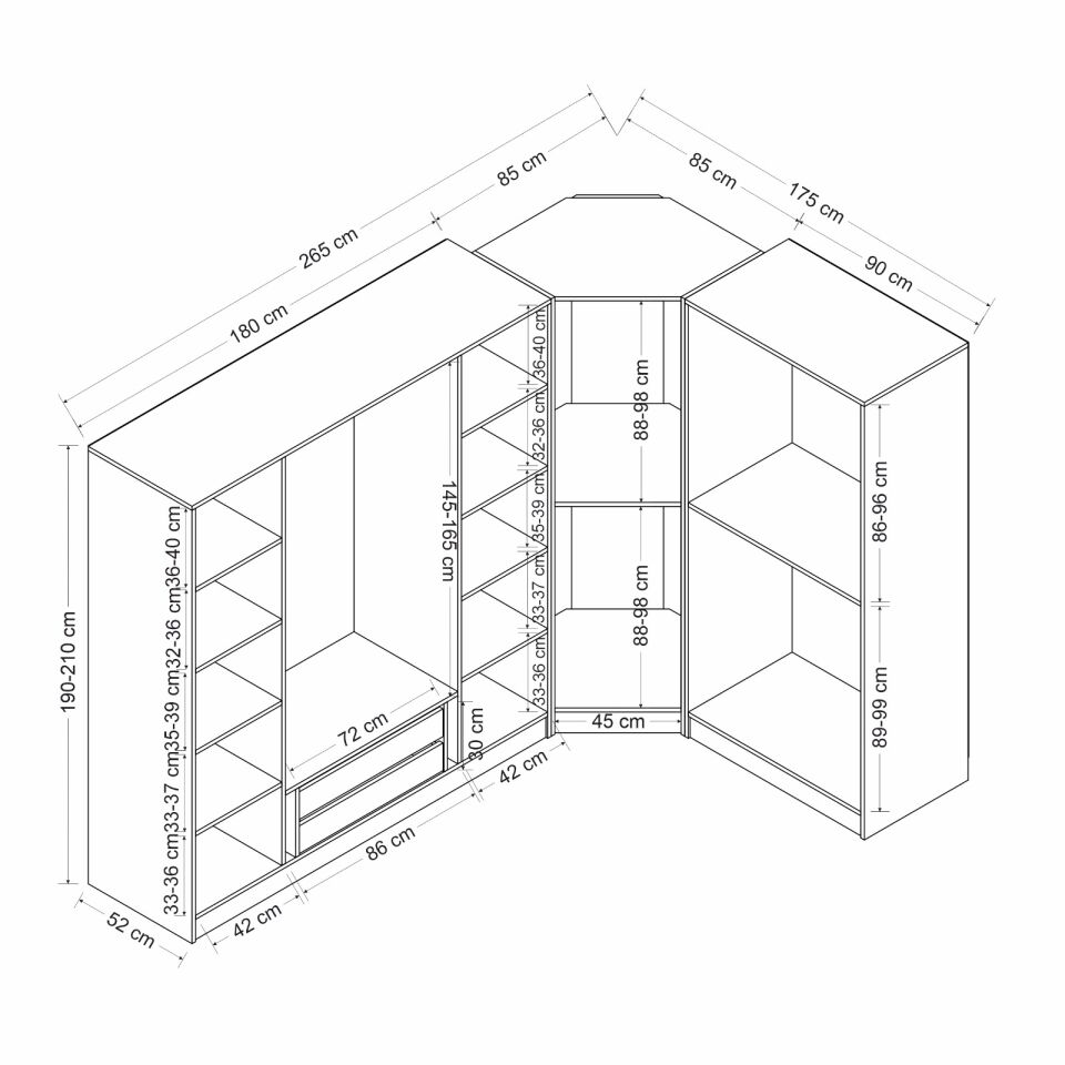 Kale 7 Füme Cam Kapaklı 2Ç Köşe Dolap Antrasit Füme Cam