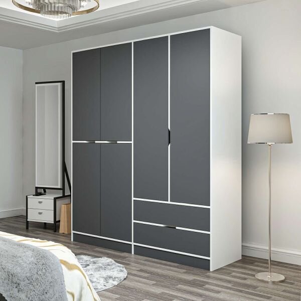 Elina 4 Kapaklı Dolap - Beyaz/Antrasit