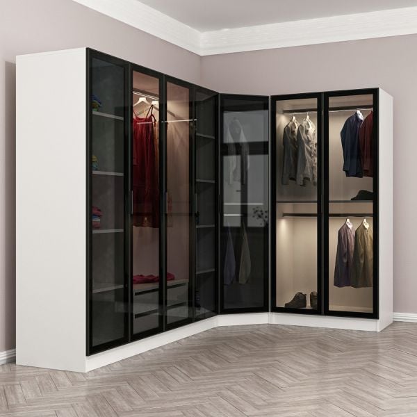 Kale 7 Füme Cam Kapaklı 2Ç Köşe Dolap Beyaz Füme Cam