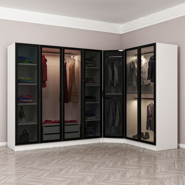 Kale 7 Füme Cam Kapaklı 2Ç Köşe Dolap Beyaz Füme Cam