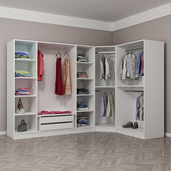 Kale 7 Füme Cam Kapaklı 2Ç Köşe Dolap Beyaz Füme Cam