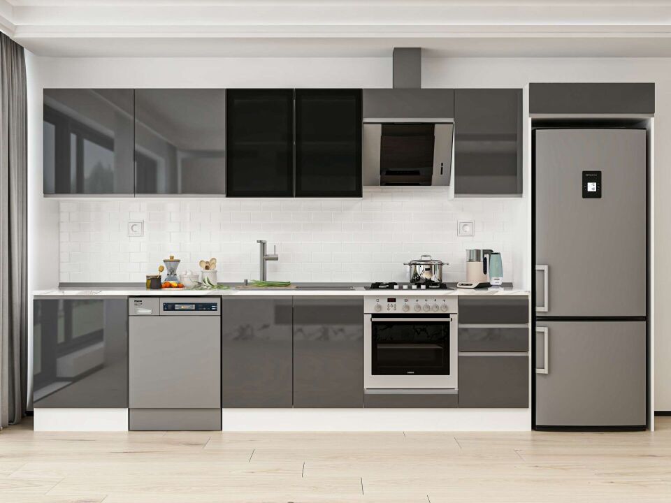 Alvinka 385X222 Cm High Gloss Mutfak Dolabı Mb-E80S60S45-3 High Gloss | Antrasit - Mdf
