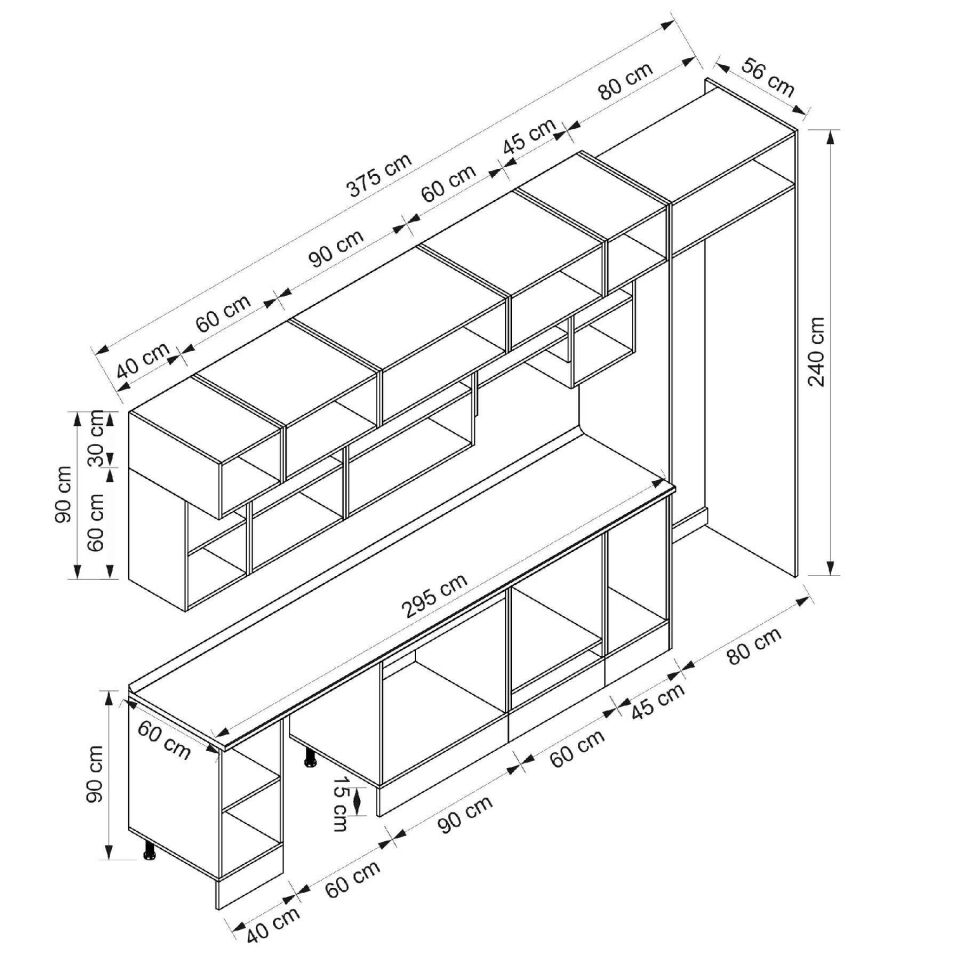 Alvinka 375X240 Cm High Gloss Mutfak Dolabı Mb-E90S40S45-1 High Gloss | Antrasit - Mdf