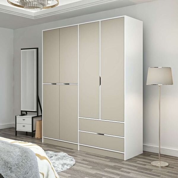 Elina 4 Kapaklı Dolap - Beyaz/Kumtaşı