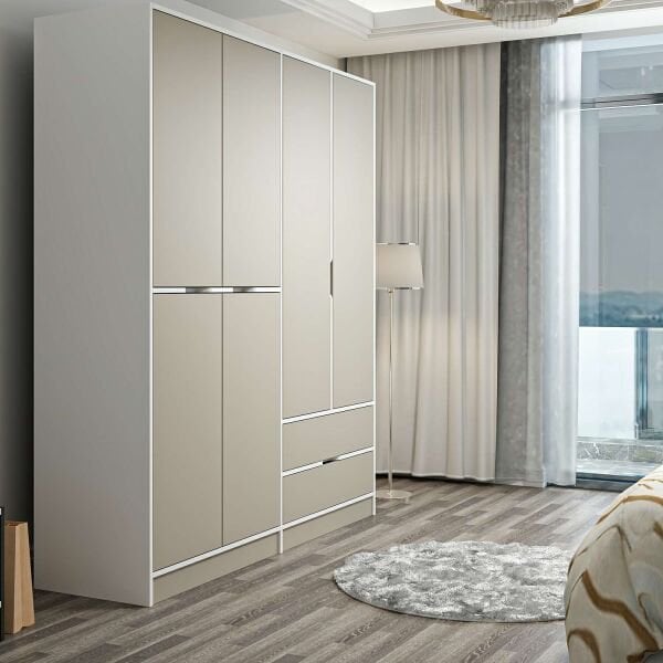 Elina 4 Kapaklı Dolap - Beyaz/Kumtaşı