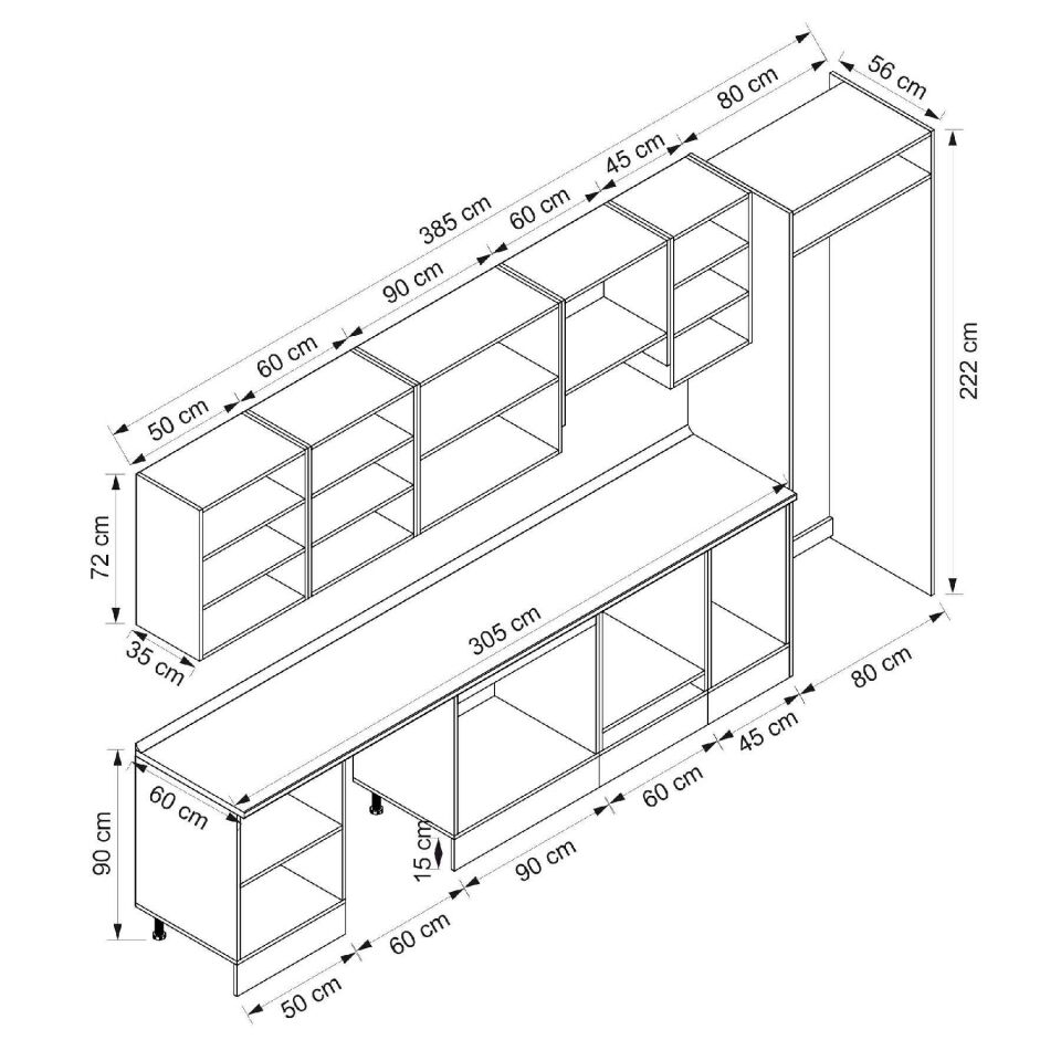 Alvinka 385X222 Cm Klasik Mebran Mutfak Dolabı Mb-E90S50S45-1 Mebran | Beyaz - Mdf