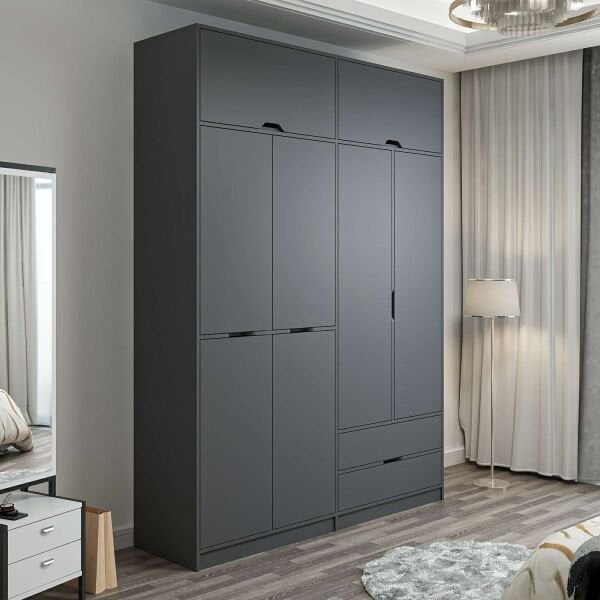 Elina 4 Kapaklı Dolap + Yüklük - Antrasit/Antrasit