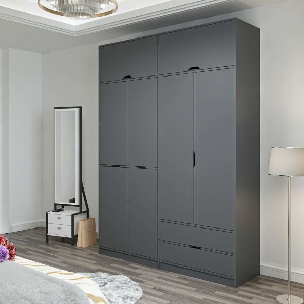 Elina 4 Kapaklı Dolap + Yüklük - Antrasit/Antrasit