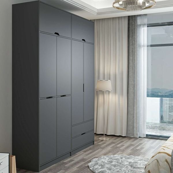 Elina 4 Kapaklı Dolap + Yüklük - Antrasit/Antrasit