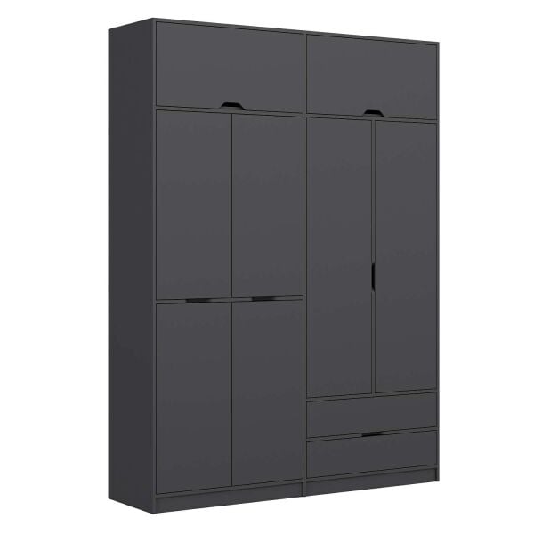 Elina 4 Kapaklı Dolap + Yüklük - Antrasit/Antrasit