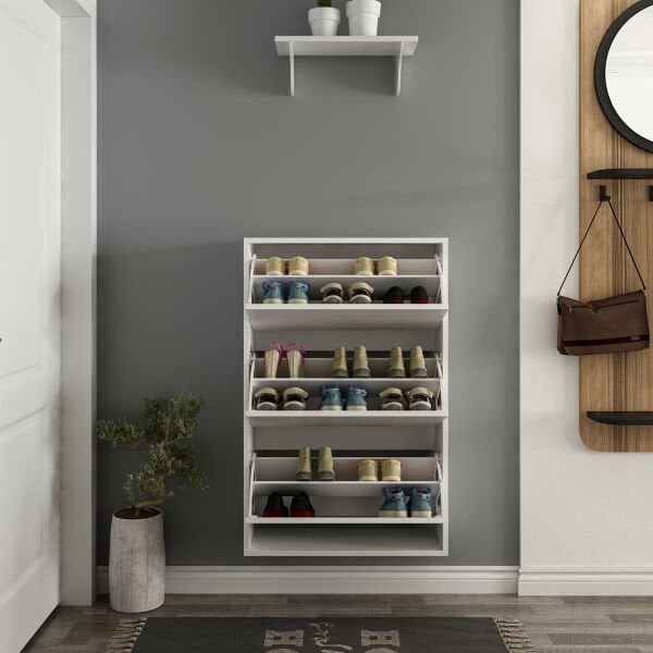 Lupa Düşer Kapaklı 3 Bölmeli Ayakkabılık - Beyaz