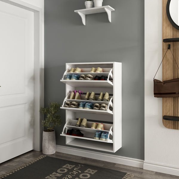 Lupa Düşer Kapaklı 3 Bölmeli Ayakkabılık - Beyaz