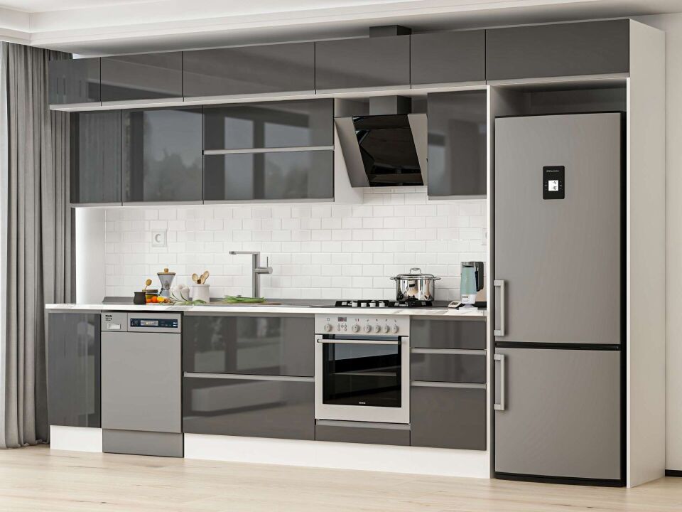 Alvinka 375X240 Cm High Gloss Mutfak Dolabı Mb-E90S40S45-2 High Gloss | Antrasit - Mdf