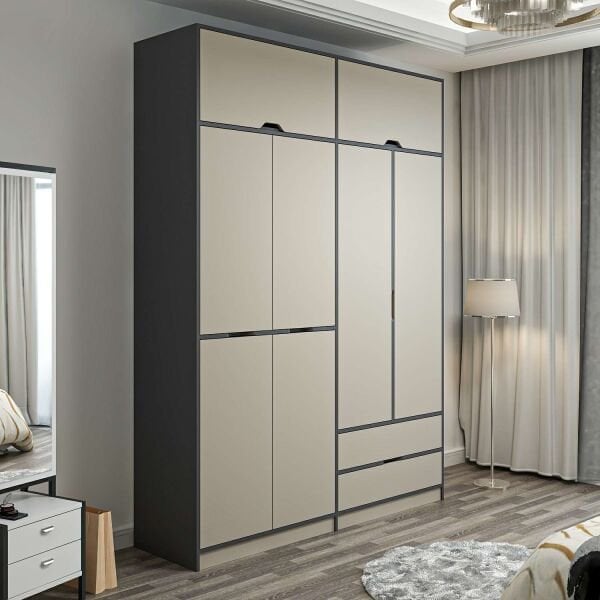 Elina 4 Kapaklı Dolap + Yüklük - Antrasit/Kumtaşı