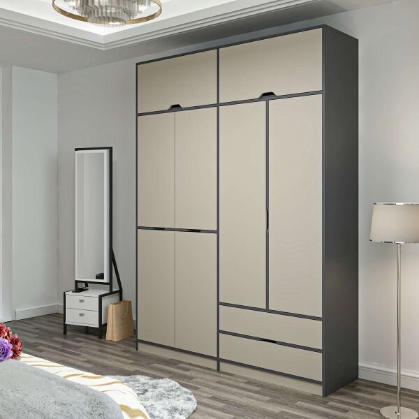 Elina 4 Kapaklı Dolap + Yüklük - Antrasit/Kumtaşı